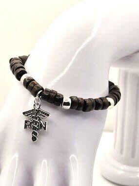 Nurse Charm Bracelet With Wooden Beads And Silver Tone Accents For RN Gift Stret